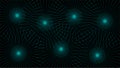 Exclusive. Abstraction. Seven green circles with rays around on a black background. Vector graphic wallpaper.