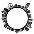 Circle round world planet street panorama view silhouette town in black contour color isolated on white , skyscraper buildings hou Royalty Free Stock Photo