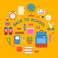 Circle school Bag icon and school supplies poster , flat design
