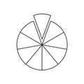Circle segmented into 9 sections. Pie or pizza shape cut in nine equal parts in outline style. Round statistics chart
