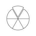 Circle segmented into 6 sections. Pie or pizza shape cut in six equal parts in outline style. Round statistics chart