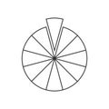 Circle segmented into 12 sections. Pie or pizza shape cut in twelve equal slices in outline style. Round statistics
