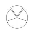 Circle segmented into 5 sectors. Pie or pizza shape cut in five equal slices. Outline round statistics chart example