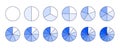 Circle segments collection. Shades of blue color pie diagrams set. Round sections and slices pack. From 1 to 12 segments