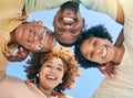 Circle, senior parents and portrait of family with smile, hugging and embrace in huddle in below view. Blue sky, summer Royalty Free Stock Photo