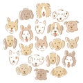 Circle with set of various cute dog faces. hand drawn illustration.