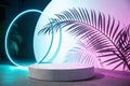 Circle with shadow from a palm leaf in neon light. Stylish abstract background to show products Royalty Free Stock Photo