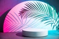 Circle with shadow from a palm leaf in neon light. Stylish abstract background to show products Royalty Free Stock Photo