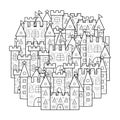 Circle shape coloring page with cute castles. Magic little kingdom doodle mandala