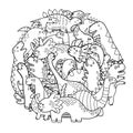 Circle shape coloring page with cute dinosaurs. Mandala with dinos Royalty Free Stock Photo