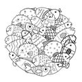 Circle shape coloring page with cute fish. Sea life animals black and white print Royalty Free Stock Photo