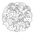Circle shape coloring page with cute moon and clouds. Black and white print