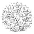 Circle shape coloring page with doodle mountains. Black and white print for coloring book