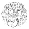 Circle shape coloring page with doodle vegetables. Eco food black and white print for coloring book Royalty Free Stock Photo