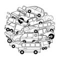 Circle shape coloring page with doodle vehicles. Cars black and white print for coloring book Royalty Free Stock Photo