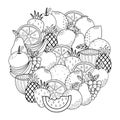 Circle shape coloring page with fruits. Black and white outline background Royalty Free Stock Photo