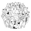 Circle shape coloring page with funny forest characters. Cute woodland animals
