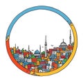 A circle shape frame with center space of Istanbul city skyline in simple doodle color cartoon style. Generative AI