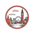A circle shape frame with center space of London city skyline in simple doodle color cartoon style. Generative AI AIG32