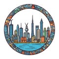 A circle shape frame with center space of Shanghai city skyline in simple doodle color cartoon style. Generative AI