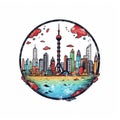 A circle shape frame with center space of Shanghai city skyline in simple doodle color cartoon style. Generative AI