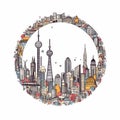 A circle shape frame with center space of Shanghai city skyline in simple doodle color cartoon style. Generative AI