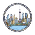 A circle shape frame with center space of Shanghai city skyline in simple doodle color cartoon style. Generative AI