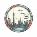 A circle shape frame with center space of Shanghai city skyline in simple doodle color cartoon style. Generative AI