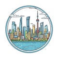 A circle shape frame with center space of Shanghai city skyline in simple doodle color cartoon style. Generative AI