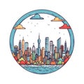 A circle shape frame with center space of Shanghai city skyline in simple doodle color cartoon style. Generative AI