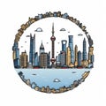 A circle shape frame with center space of Shanghai city skyline in simple doodle color cartoon style. Generative AI