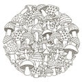 Circle shape pattern with fantasy mushrooms for coloring book