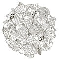 Circle shape pattern with ornamental fish for coloring book