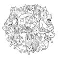 Circle shape print with funny cats. Coloring page with feline characters Royalty Free Stock Photo
