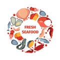 Circle shape from seafoods. Round design form template for restaurant menu with pictures of fresh ocean exotic products