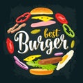 Circle shape set with flying ingredients. Best Burger handwriting lettering.