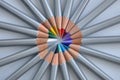 A circle shape of sharpened colored drawing pencils