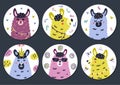 Circle shape stickers set with cute llama for kids. Funny prints collection with alpaca