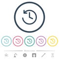 Circle shaped backward arrow and clock flat color icons in round outlines