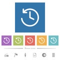 Circle shaped backward arrow and clock flat white icons in square backgrounds