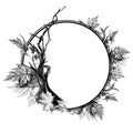 Circle-shaped frame surrounded by dry twigs and autumn dry maple leaves Royalty Free Stock Photo