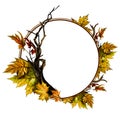 Circle shaped frame surrounded by dry twigs and autumn dry maple leaves Royalty Free Stock Photo