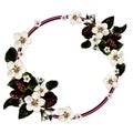 Circle shaped frame surrounded by raspberry berries leaves and flowers