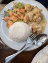 Circle-shaped rice and seasoned chicken are on a white round plate