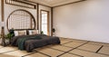 The Circle shelf wall design on Bedroom japanese deisgn with tatami mat floor. 3D rendering