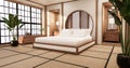 The Circle shelf wall design on Bedroom japanese deisgn with tatami mat floor. 3D rendering