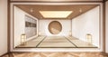 The Circle shelf wall design on empty Living room japanese deisgn with tatami mat floor. 3D rendering