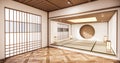 The Circle shelf wall design on empty Living room japanese deisgn with tatami mat floor. 3D rendering Royalty Free Stock Photo