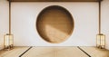 The Circle shelf wall design on empty Living room japanese deisgn with tatami mat floor. 3D rendering Royalty Free Stock Photo