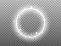 Circle shine on transparent backdrop. Glowing ring with glitter effect. Round silver frame and magic particles. Festive